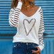 Casual V-Neck Heart Print Striped Long Sleeve Tee